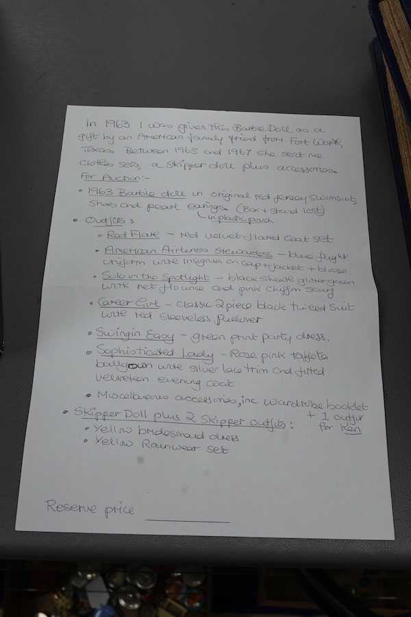 A 1960's Mattel Inc. Barbie doll, 1963, together with a Skipper doll, and a collection of eight original outfits with accessories, sorted into individual packets, outfits purchased between 1963 to 1966 include; American